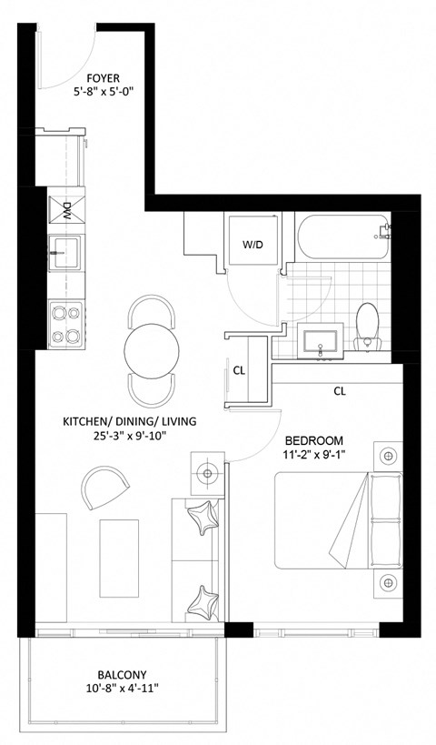 Floor plan for 1 bed, 1 bath, 537 sqft